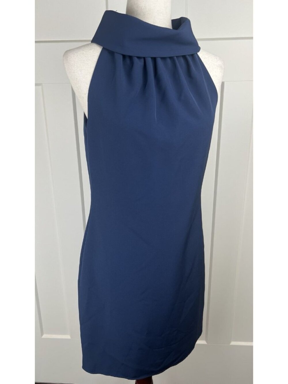 Sail to Sable Navy Dress XS High Neck Draped Collar Button Back Lined Preppy NWT - Picture 9 of 13